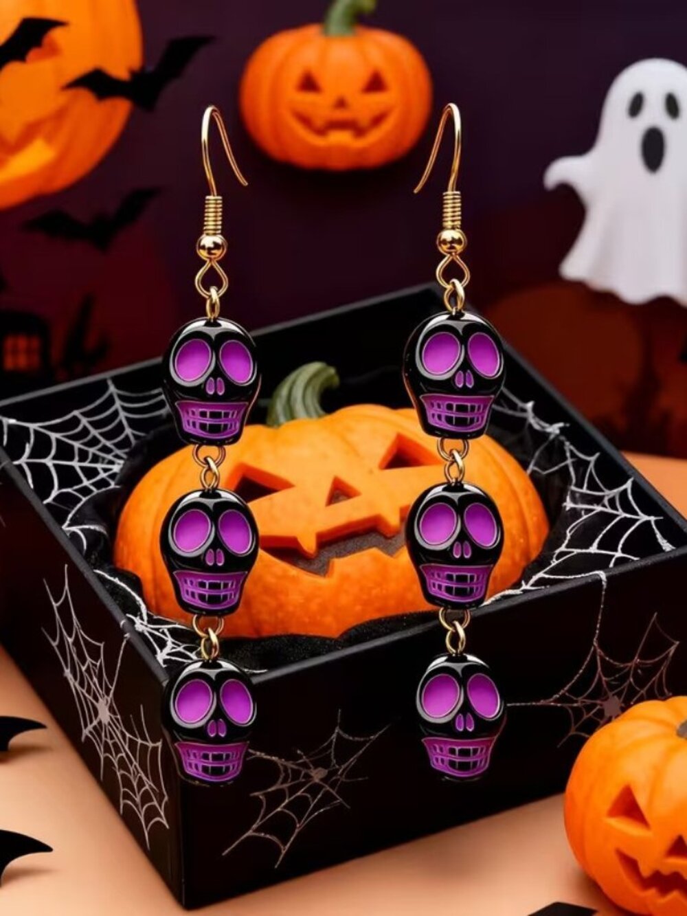 Dangle Purple and Black Dark Goth Halloween Skull Earrings